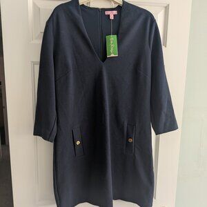 Lilly Pulitzer Charlene Navy Blue Ribbed Mini V Neck  Dress Size XL NWT